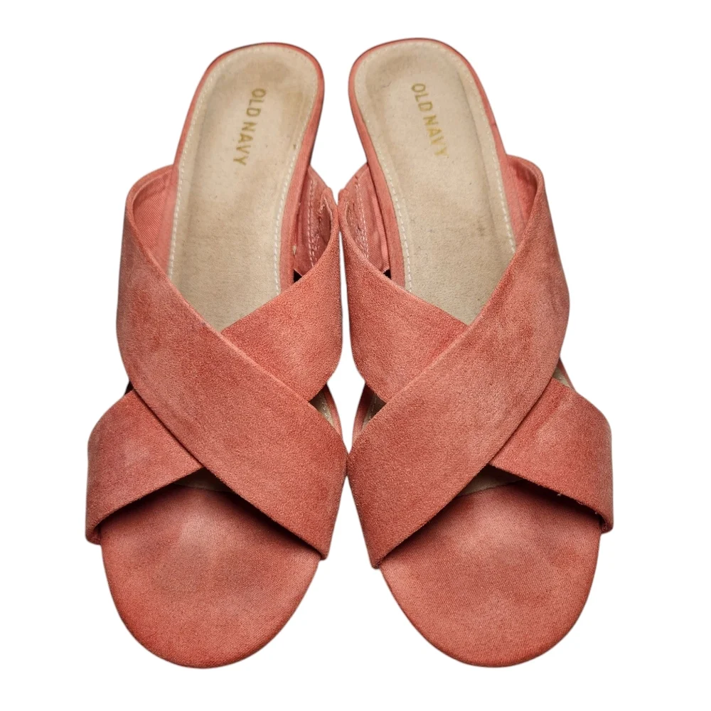 Old Navy Faux Suede Cross Strap‎ Coral Wedge Sandals Slides Desert Rose Orange 8